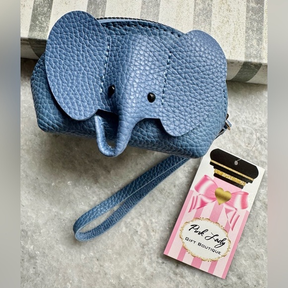 New Blue Elephant Faux Leather Zippered Coin Purse Bag Wristlet - 4.5” x 3” - Picture 2 of 7